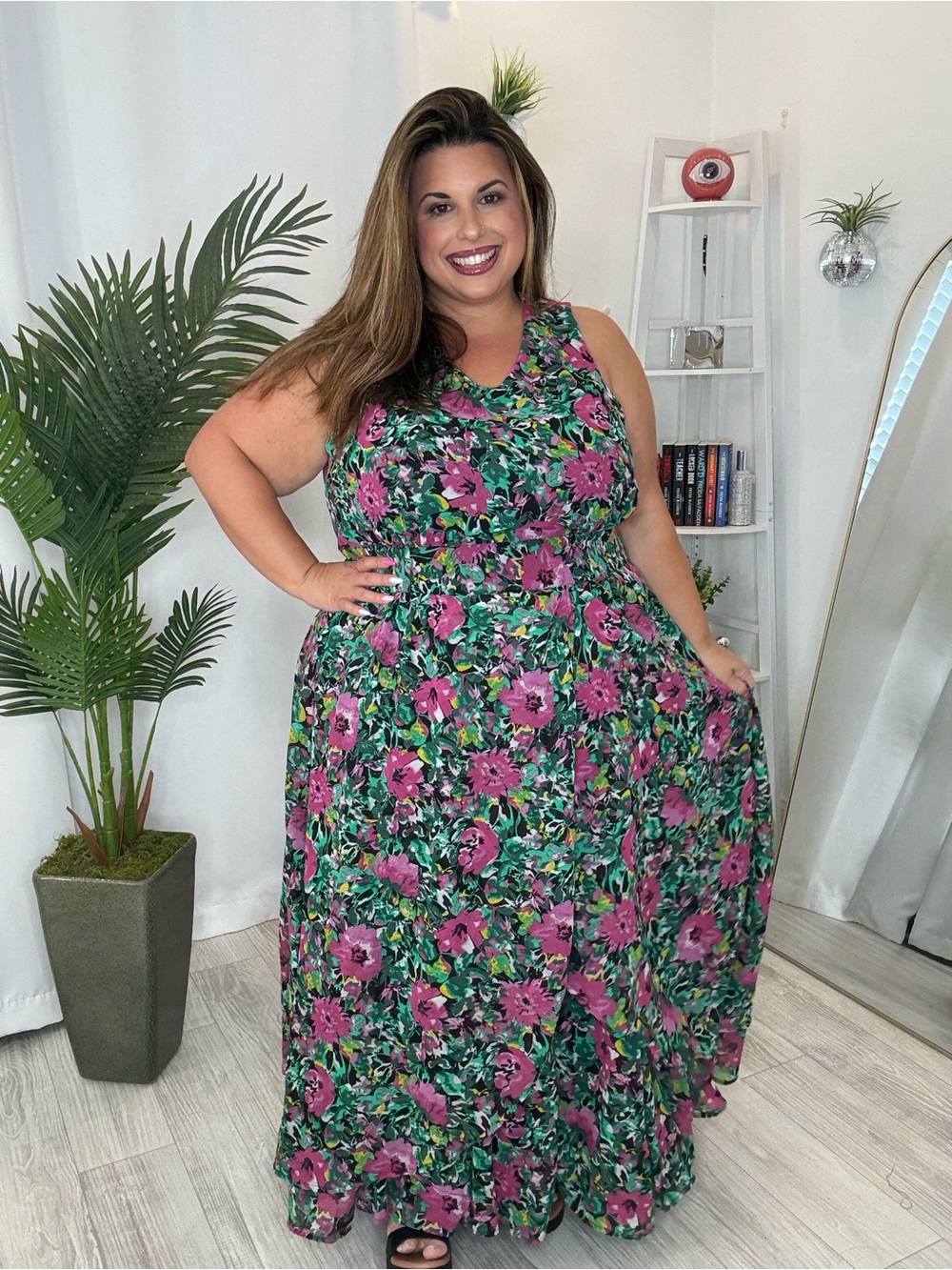 Plus Green Floral Flyaway Overlay Maxi Dress